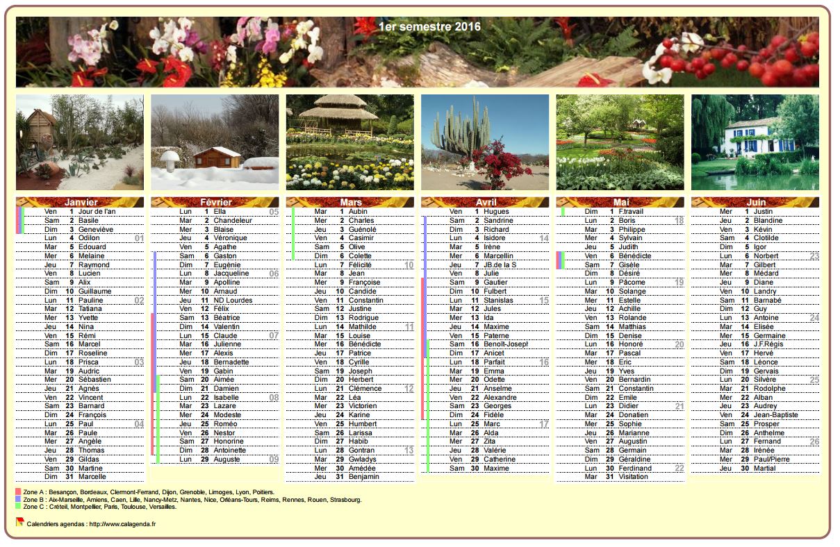 Calendrier 2016 semestriel en colonnes avec une photo différente chaque mois