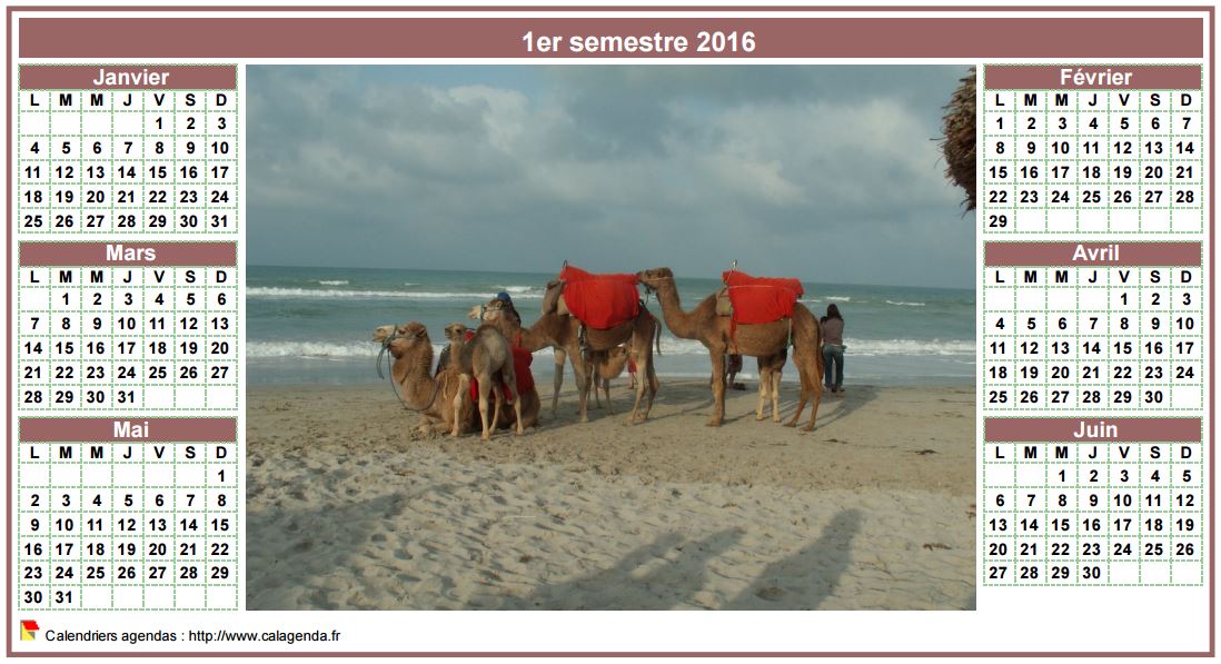 Calendrier 2016 semestriel de style calendrier des postes avec photo au centre