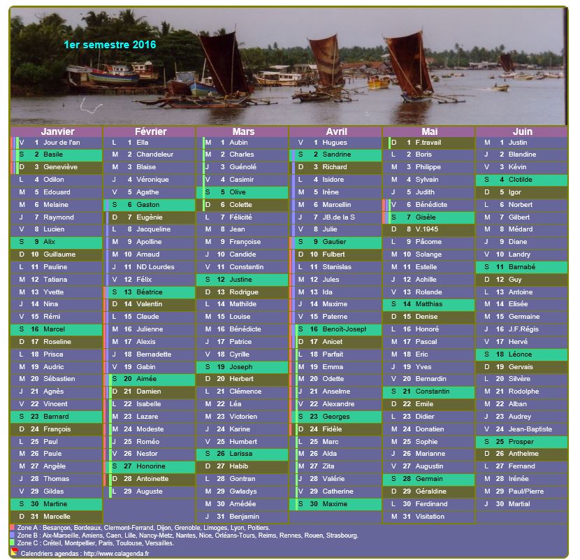 Calendrier 2016 semestriel avec photo dans le titre Calendrier 2016 semestriel avec photo dans le titre