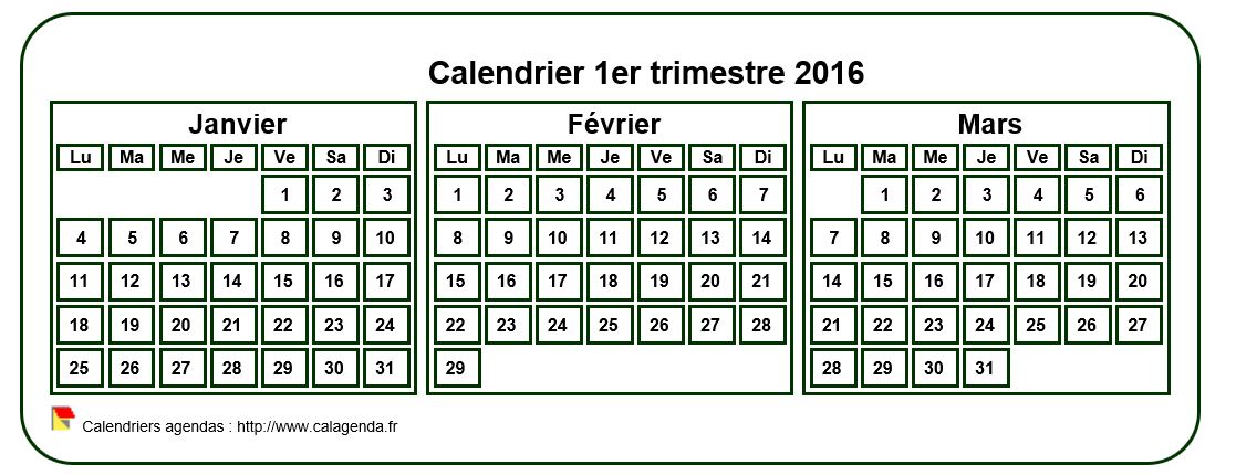 Calendrier 2016 à imprimer trimestriel, format mini de poche, fond blanc Calendrier 2016 à imprimer trimestriel, format mini de poche, fond blanc