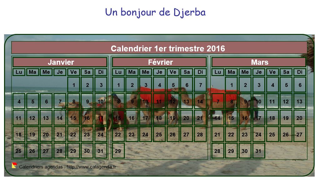 Calendrier 2016 à imprimer artistique trimestriel, format mini de poche, avec photo