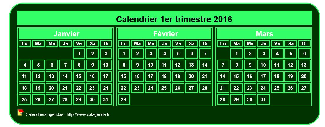 Calendrier 2016 à imprimer trimestriel, format mini de poche, fond vert