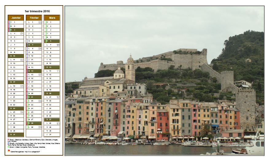 Calendrier 2016 à imprimer trimestriel, format paysage, une colonne par mois, à gauche d'une photo Calendrier 2016 à imprimer trimestriel, format paysage, une colonne par mois, à gauche d'une photo