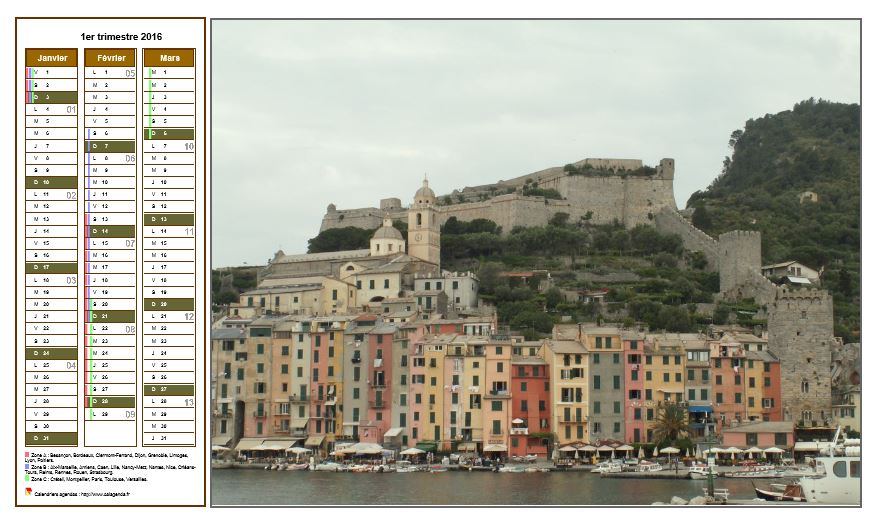 Calendrier 2016 à imprimer trimestriel, format paysage, une colonne par mois, à gauche d'une photo