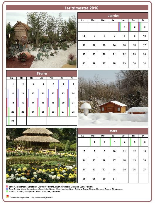 Calendrier 2016 trimestriel avec une photo différente chaque mois