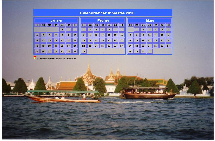 Calendrier 2016 à imprimer trimestriel, format paysage, incrusté sur la partie supérieure d'une photo