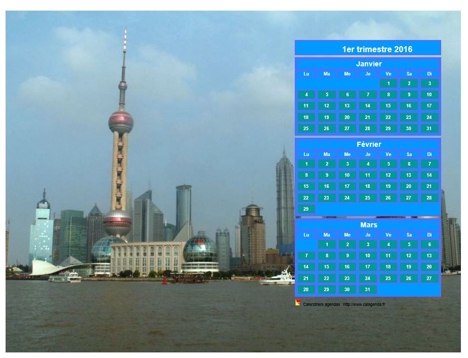 Calendrier 2016 à imprimer trimestriel, format paysage, au dessus de la partie droite d'une photo (Shangaï).