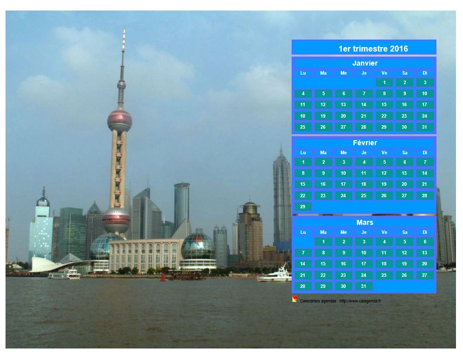 Calendrier 2016 à imprimer trimestriel, format paysage, au dessus de la partie droite d'une photo (Shangaï). Calendrier 2016 à imprimer trimestriel, format paysage, au dessus de la partie droite d'une photo (Shangaï).