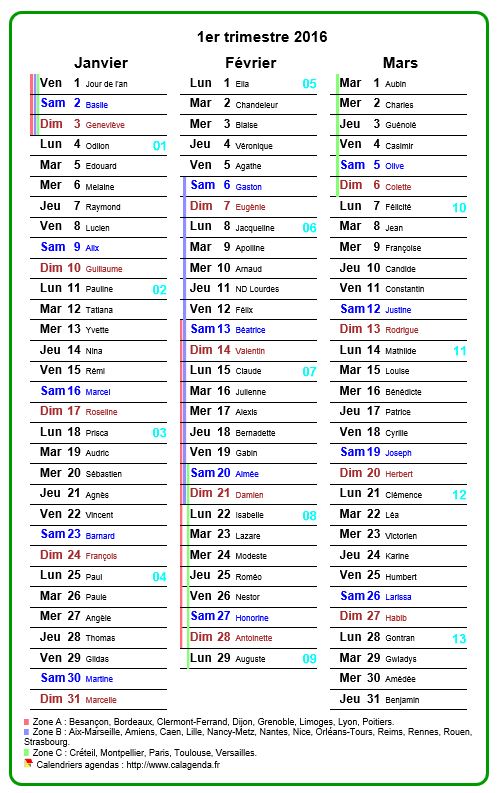 Agenda 2016 trimestriel avec couleurs du texte différentes pour le samedi et le dimanche Agenda 2016 trimestriel avec couleurs du texte différentes pour le samedi et le dimanche