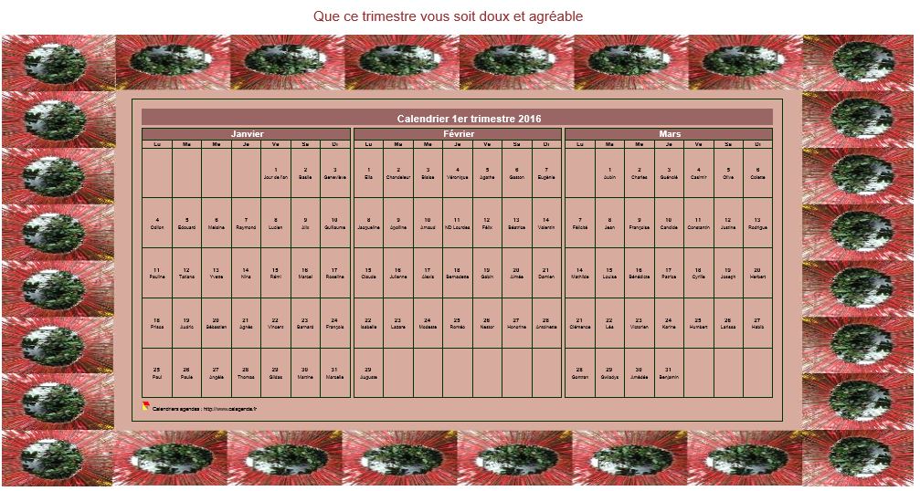 Calendrier 2016 à imprimer décoratif trimestriel, format paysage, avec un cadre photo