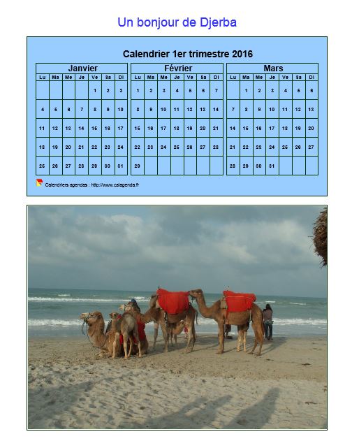 Calendrier 2016 à imprimer trimestriel, format mini, fond bleu, avec photo