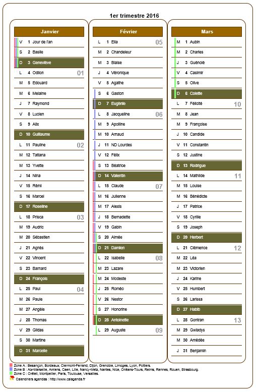 Calendrier 2016 trimestriel avec agenda détaillé, format portrait, une colonne par mois Calendrier 2016 trimestriel avec agenda détaillé, format portrait, une colonne par mois