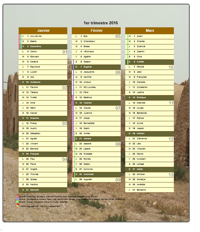 Calendrier 2016 trimestriel décoratif avec photo, format portrait, une colonne par mois Calendrier 2016 trimestriel décoratif avec photo, format portrait, une colonne par mois