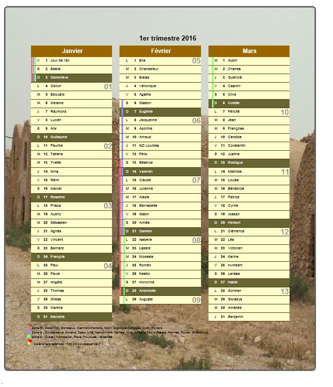 Calendrier 2016 trimestriel décoratif avec photo, format portrait, une colonne par mois