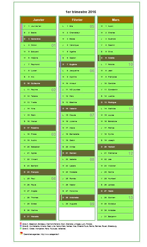 Calendrier 2016 par défaut du calendrier agenda trimestriel civil, une colonne par mois