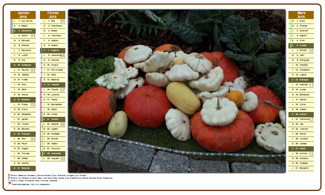 Calendrier 2016 trimestriel en colonnes avec photo à l'intérieur.