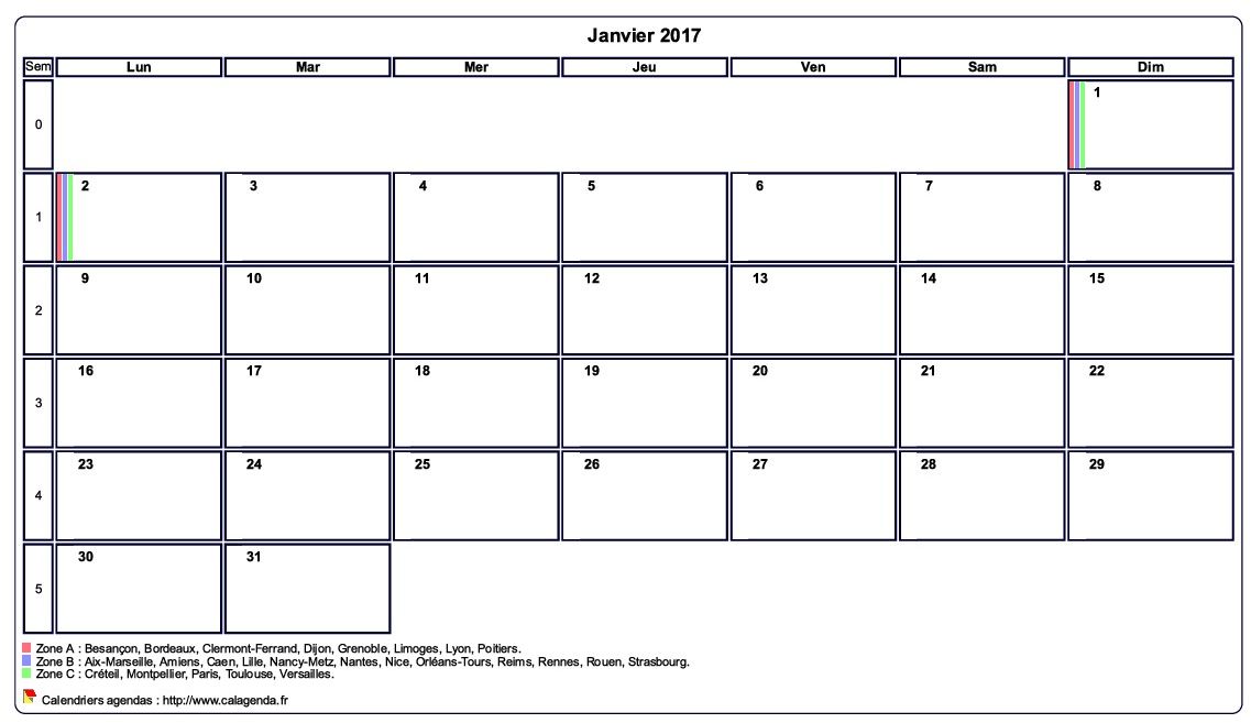 Calendrier janvier 2017 personnalisable avec les vacances scolaires