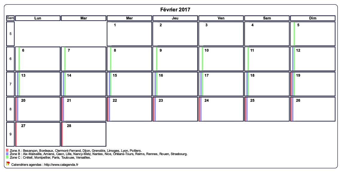 Calendrier février 2017 personnalisable avec les vacances scolaires