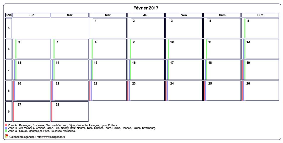 Calendrier février 2017 personnalisable avec les vacances scolaires Calendrier février 2017 personnalisable avec les vacances scolaires