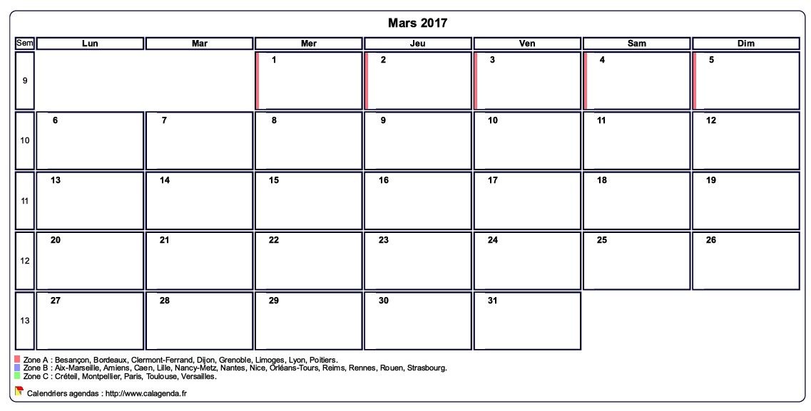 Calendrier mars 2017 personnalisable avec les vacances scolaires