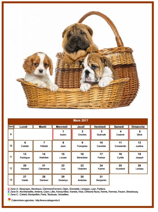 Calendrier mars 2017 chiens