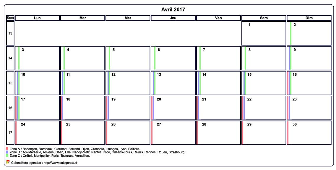 Calendrier avril 2017 personnalisable avec les vacances scolaires