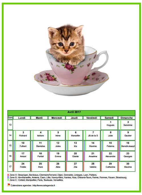 Calendrier avril 2017 chats