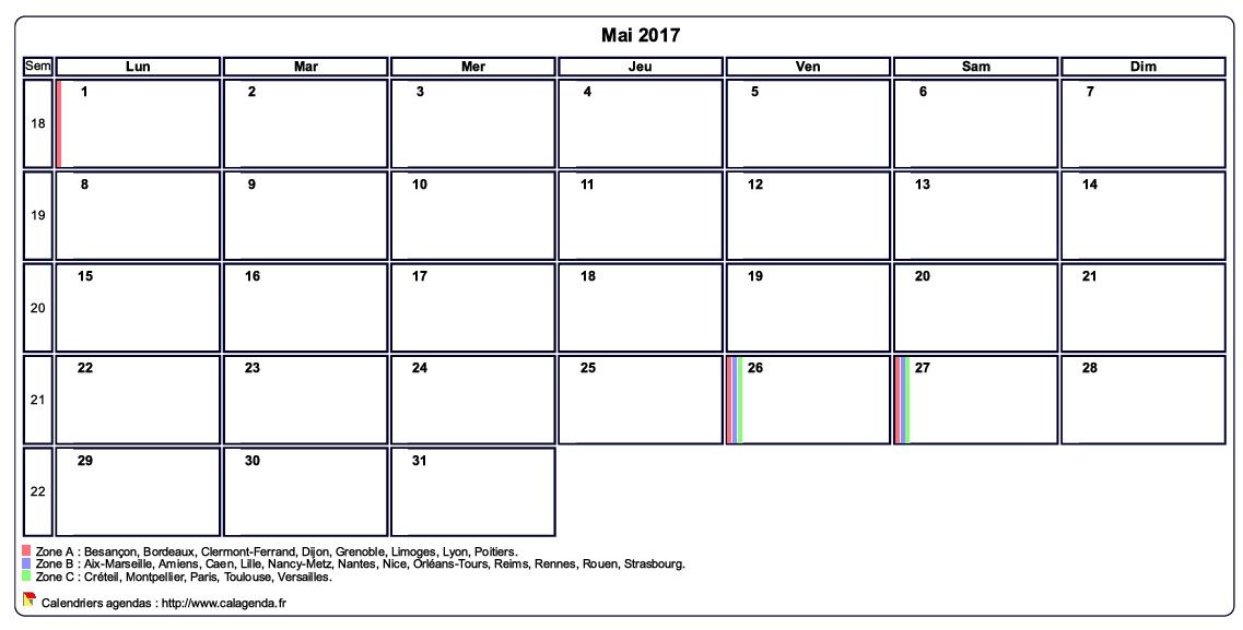 Calendrier mai 2017 personnalisable avec les vacances scolaires