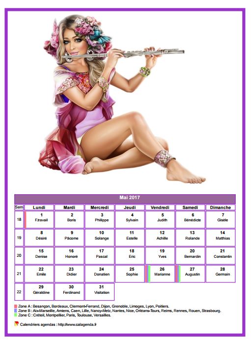 Calendrier mai 2017 femmes