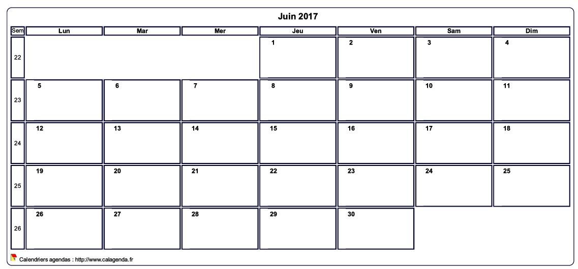 Calendrier juin 2017 personnalisable avec les vacances scolaires