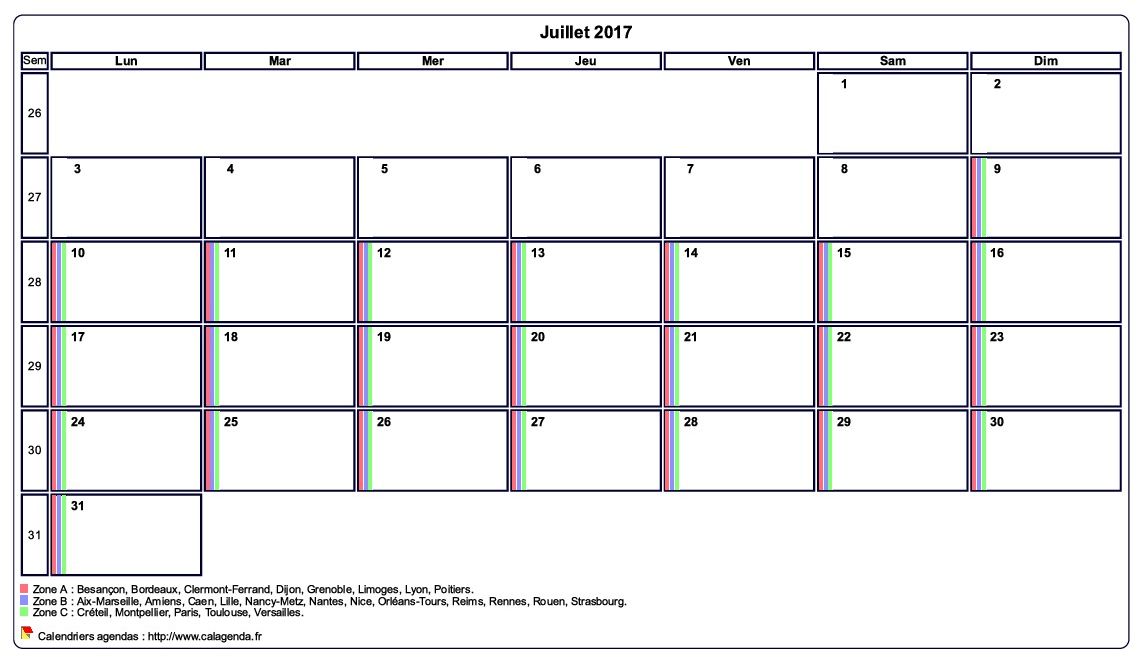 Calendrier juillet 2017 personnalisable avec les vacances scolaires