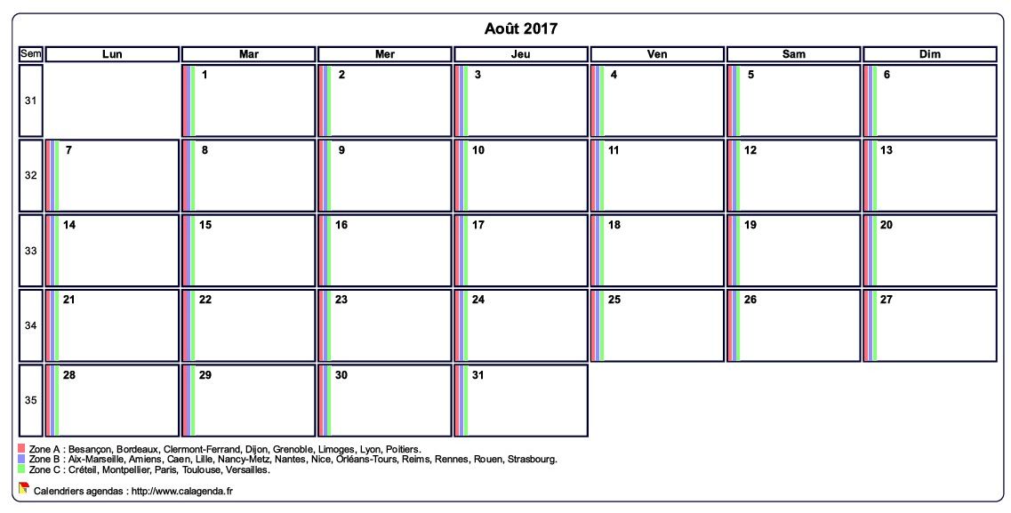 Calendrier août 2017 personnalisable avec les vacances scolaires