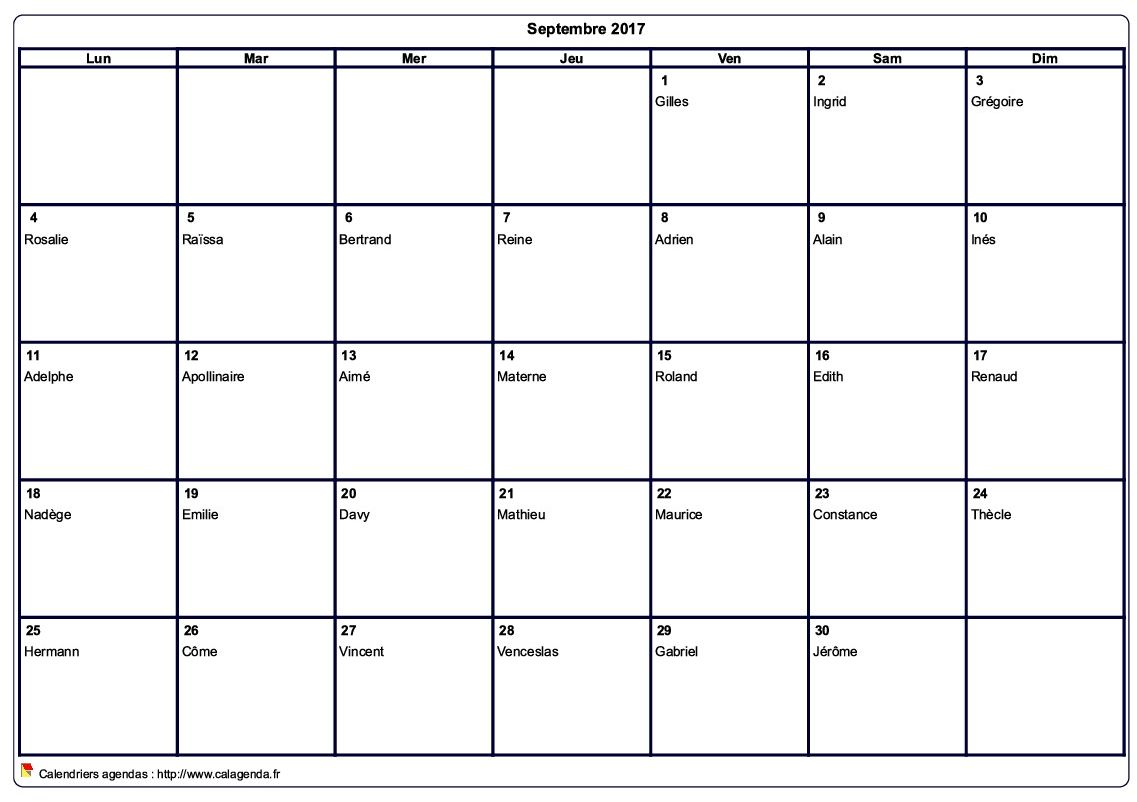 Calendrier septembre 2017 à imprimer vierge, avec les fêtes