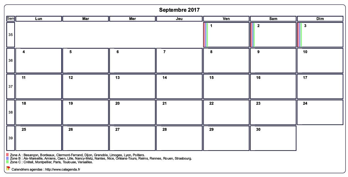 Calendrier septembre 2017 personnalisable avec les vacances scolaires