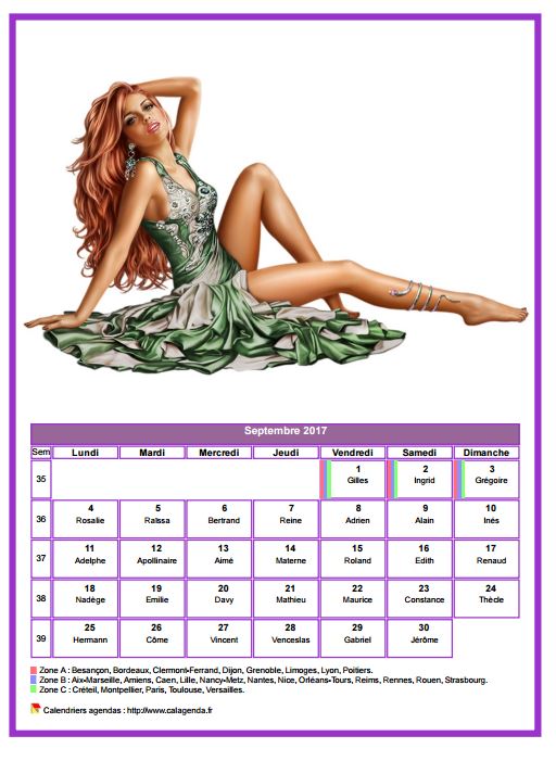 Calendrier septembre 2017 femmes