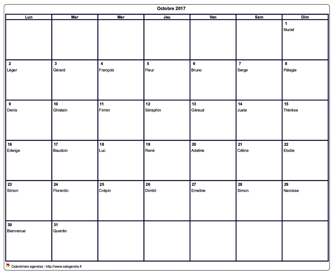 Calendrier octobre 2017 à imprimer vierge, avec les fêtes