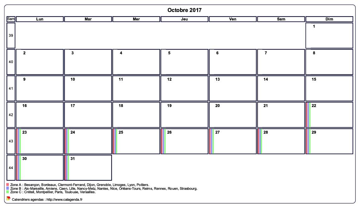 Calendrier octobre 2017 personnalisable avec les vacances scolaires Calendrier octobre 2017 personnalisable avec les vacances scolaires