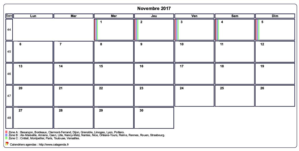 Calendrier novembre 2017 personnalisable avec les vacances scolaires