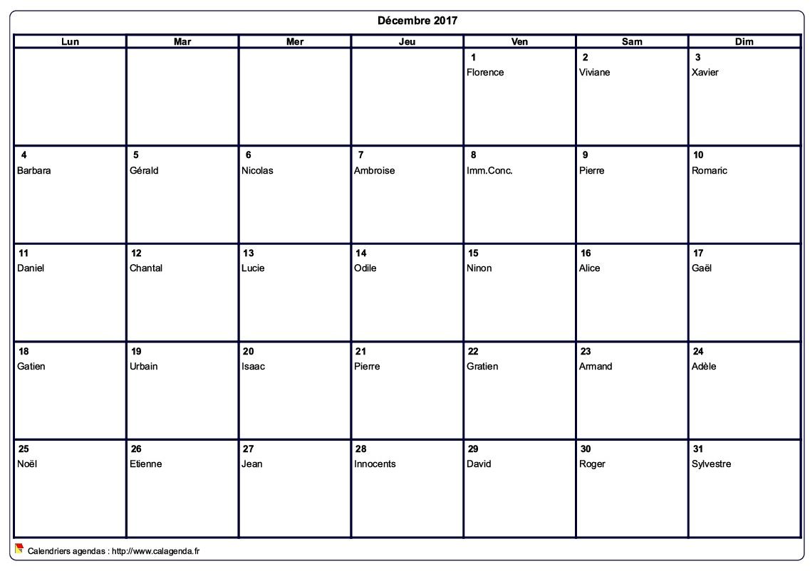 Calendrier décembre 2017 à imprimer vierge, avec les fêtes