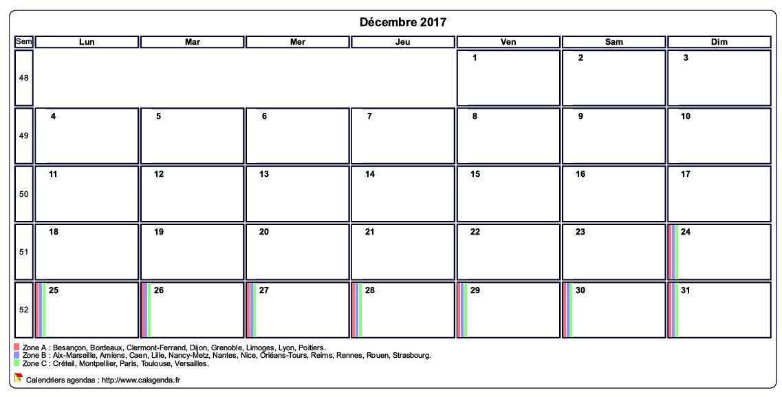 Calendrier décembre 2017 personnalisable avec les vacances scolaires