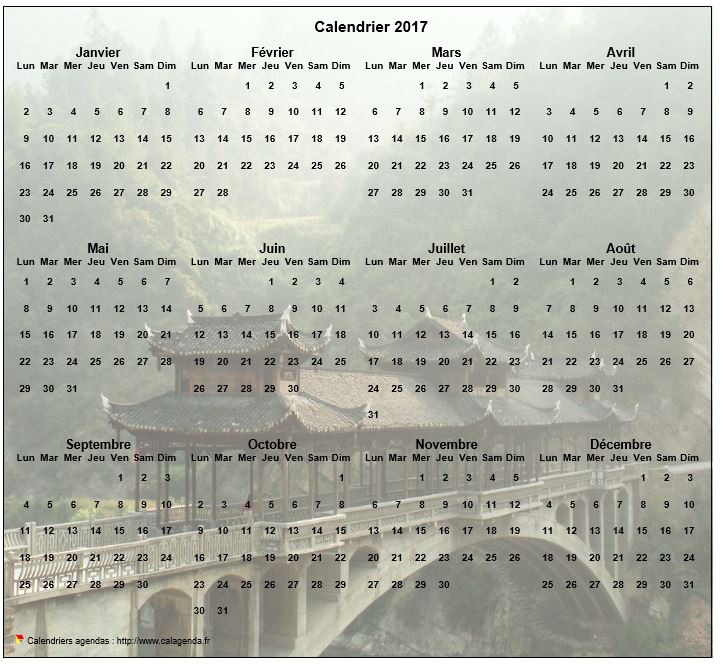 Calendrier 2017 annuel à imprimer, format paysage, quatre colonnes par trois lignes, par dessus une photo