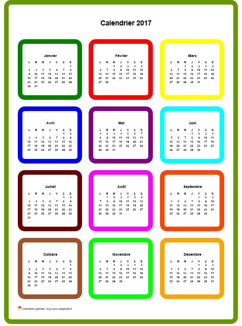 Calendrier 2017 annuel en couleurs