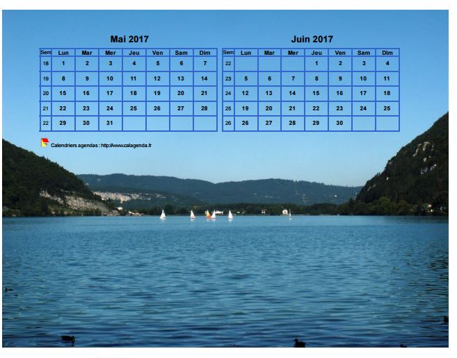 Calendrier 2017 décoratif à imprimer, bimestriel, format paysage, incrusté sur la partie haute d'une photo
