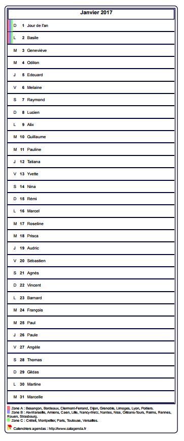 Calendrier mensuel 2017, agenda détaillé, format portrait, avec les fêtes Calendrier mensuel 2017, agenda détaillé, format portrait, avec les fêtes
