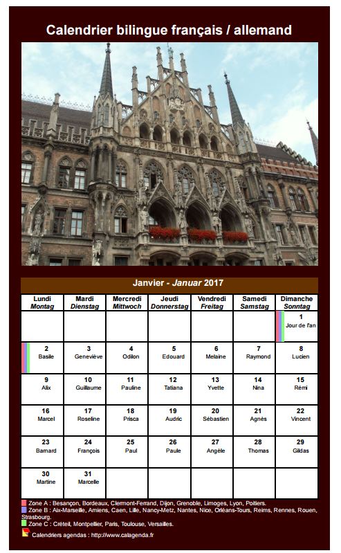 Calendrier mensuel 2017 allemand