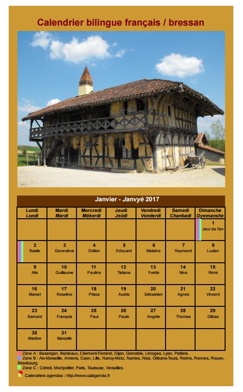 Calendrier mensuel 2017 en patois bressan