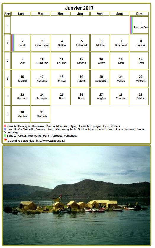 Calendrier mensuel 2017, tableau avec photo