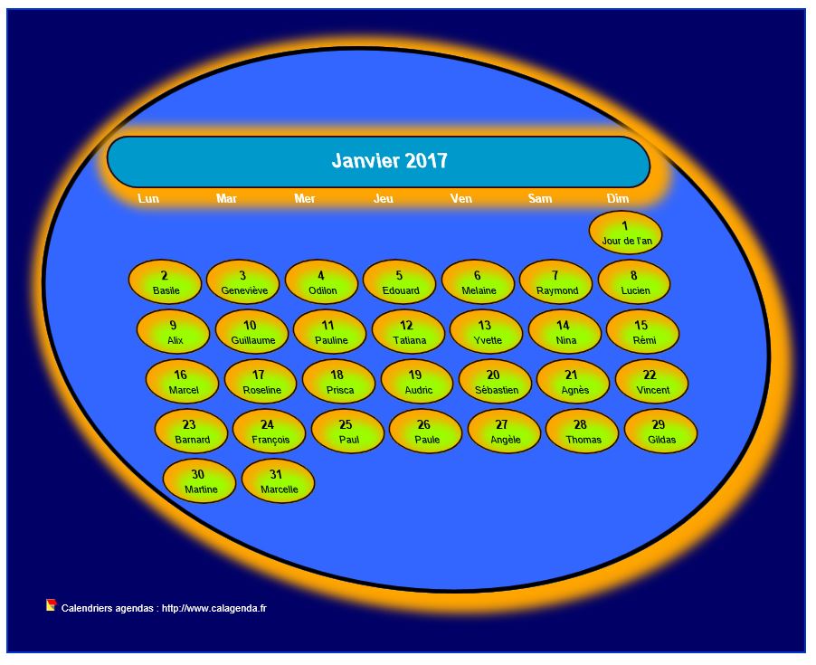 Calendrier mensuel 2017 style soucoupe volante