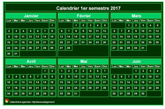 Calendrier 2017 à imprimer, semestriel, format mini de poche, fond vert