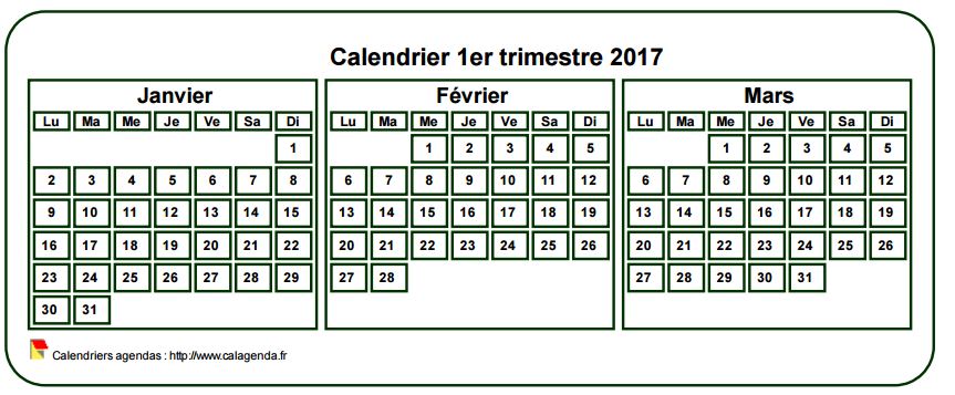 Calendrier 2017 à imprimer trimestriel, format mini de poche, fond blanc Calendrier 2017 à imprimer trimestriel, format mini de poche, fond blanc